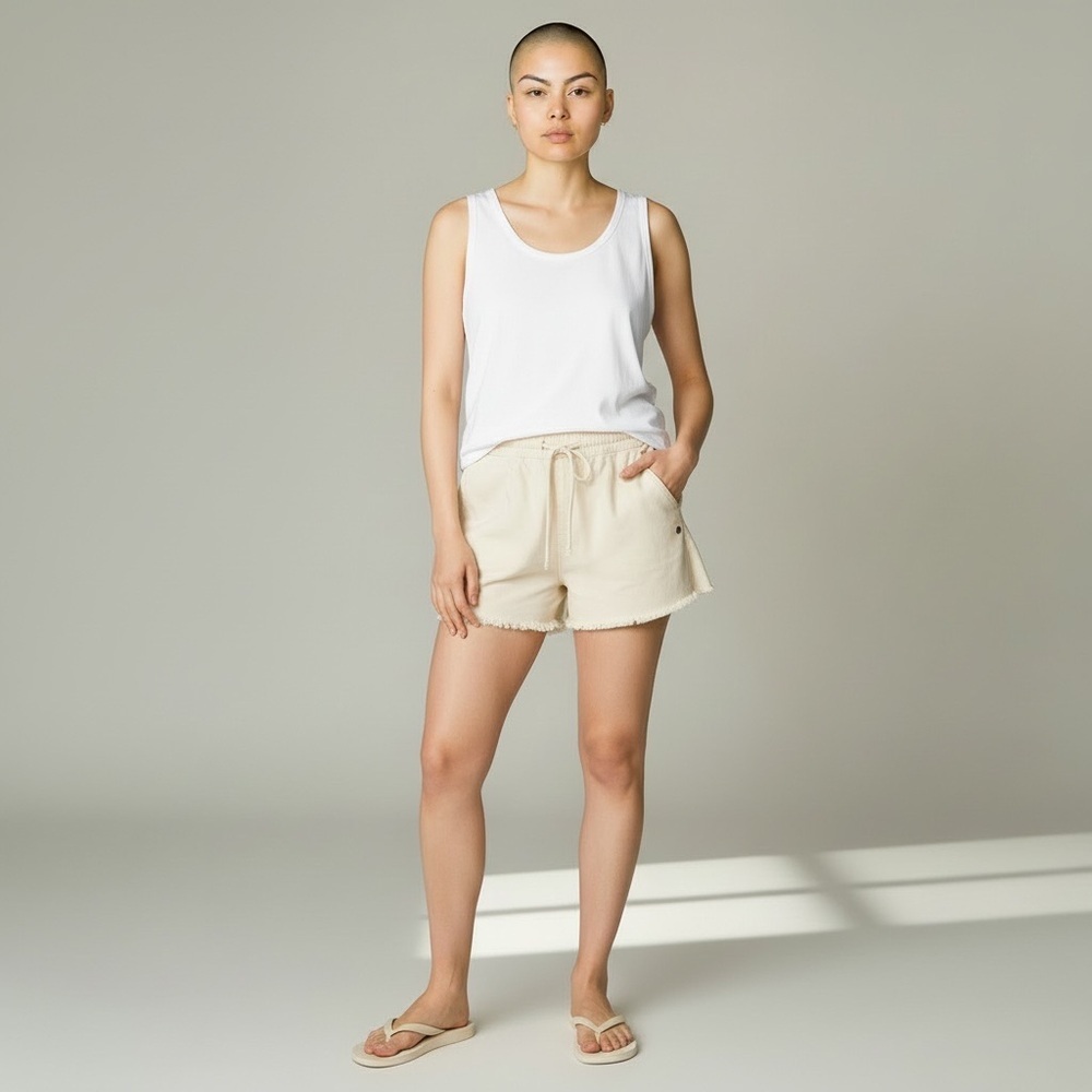 Roxy Light Beige Frayed Hem Cotton Boho Short Shorts